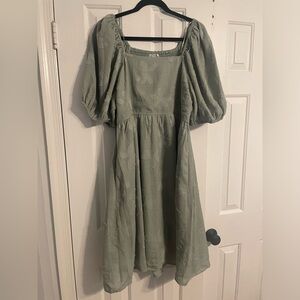 Sage Textured Floral Square Neck Puff Sleeve Dress